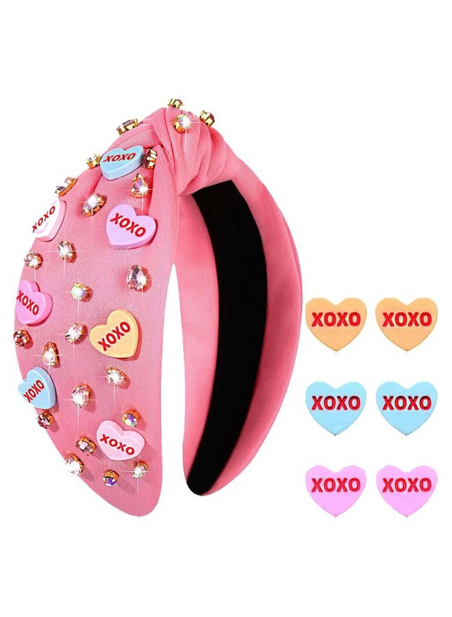 PHALIN Valentine's Day Headband for Women Love XOXO Heart Headbands Jeweled Conversation Heart Knotted Headband Pink Red Rhinestone Crystal Top Knot Headband Valentine's Day Accessories Gifts (Pink Set 2) - Image 2