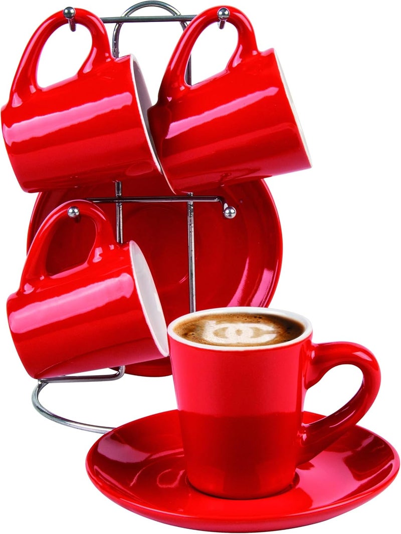 Bene Casa Bene Casa  Red 9pc Espresso Set WMetal Stand 4 Espresso Cup Set Cup  Saucer Set Juego de 4 Tazas y 4 Platos Color Rojo Stand de Metal - Image 1