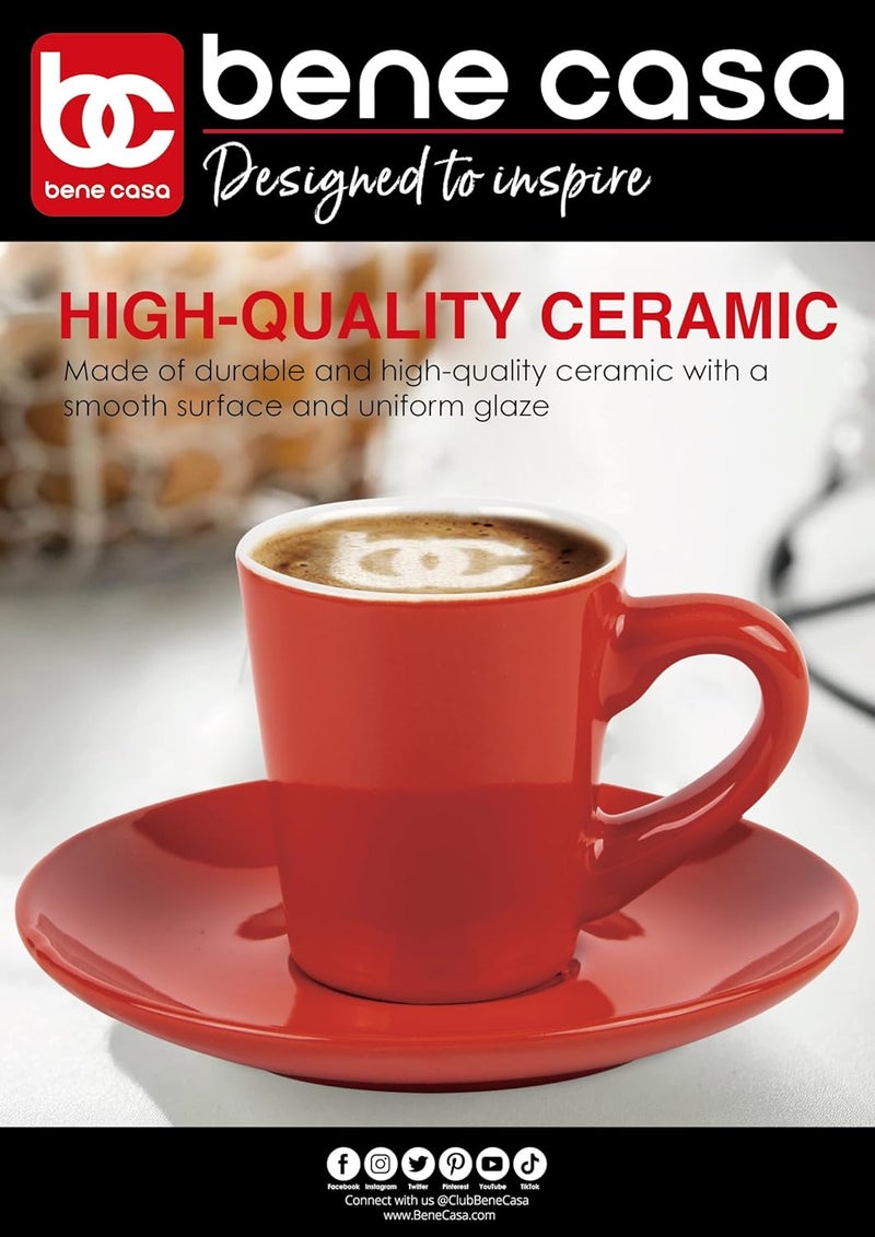 Bene Casa Bene Casa  Red 9pc Espresso Set WMetal Stand 4 Espresso Cup Set Cup  Saucer Set Juego de 4 Tazas y 4 Platos Color Rojo Stand de Metal - Image 3