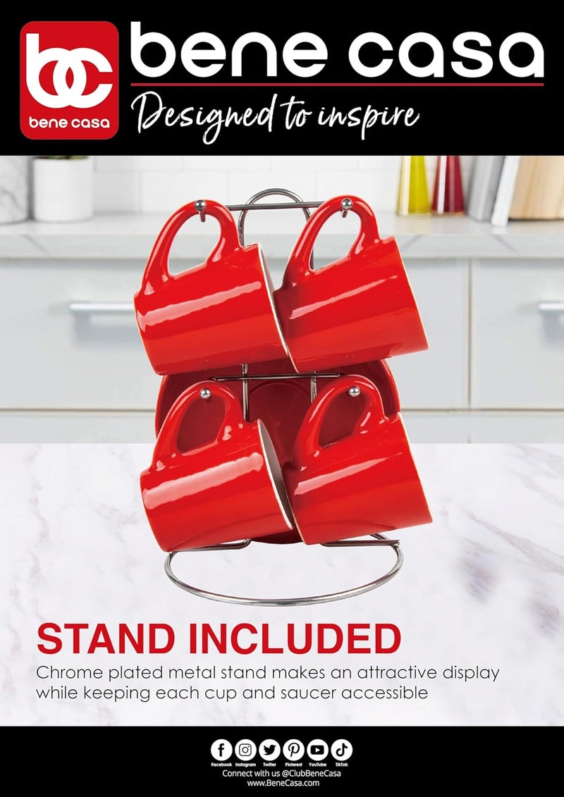 Bene Casa Bene Casa  Red 9pc Espresso Set WMetal Stand 4 Espresso Cup Set Cup  Saucer Set Juego de 4 Tazas y 4 Platos Color Rojo Stand de Metal - Image 2