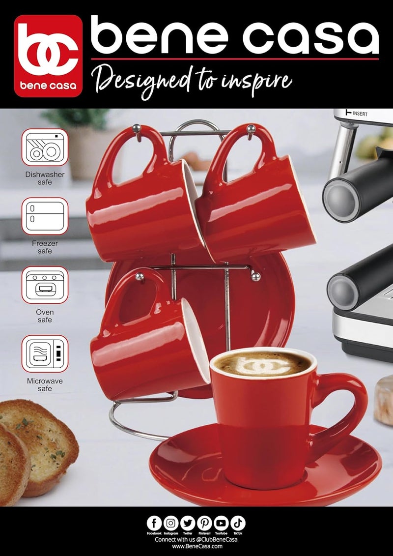 Bene Casa Bene Casa  Red 9pc Espresso Set WMetal Stand 4 Espresso Cup Set Cup  Saucer Set Juego de 4 Tazas y 4 Platos Color Rojo Stand de Metal - Image 4