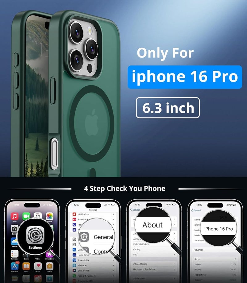 Vansdon Magnetic for iPhone 16 Pro Case with 1 Protective Glass, Compatible with Magsafe, Military Standard Drop Protection, Translucent Matte Back, Shockproof Mobile Phone Case, Dark Green - Image 4