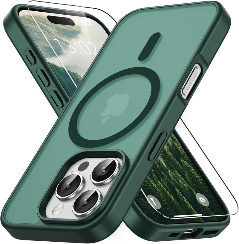 Vansdon Magnetic for iPhone 16 Pro Case with 1 Protective Glass, Compatible with Magsafe, Military Standard Drop Protection, Translucent Matte Back, Shockproof Mobile Phone Case, Dark Green - Image 1