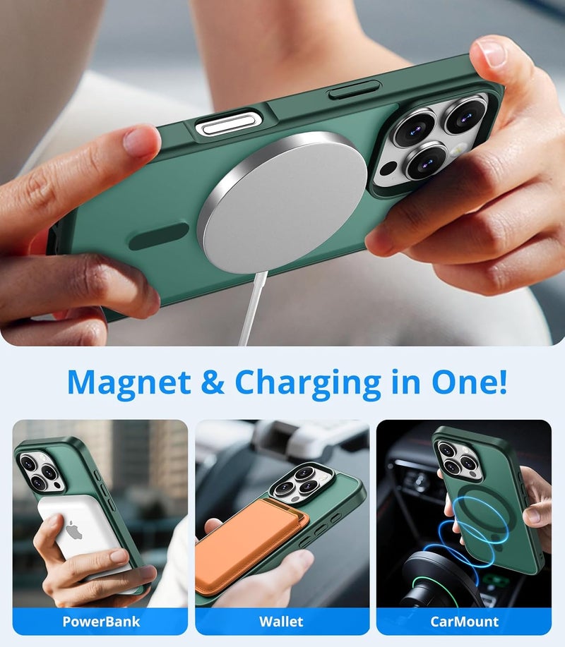 Vansdon Magnetic for iPhone 16 Pro Case with 1 Protective Glass, Compatible with Magsafe, Military Standard Drop Protection, Translucent Matte Back, Shockproof Mobile Phone Case, Dark Green - Image 3