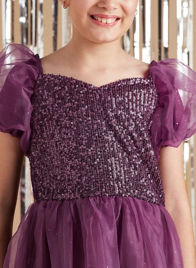 Styli Sequin Detail Mesh Puff Sleeves Skater Dress