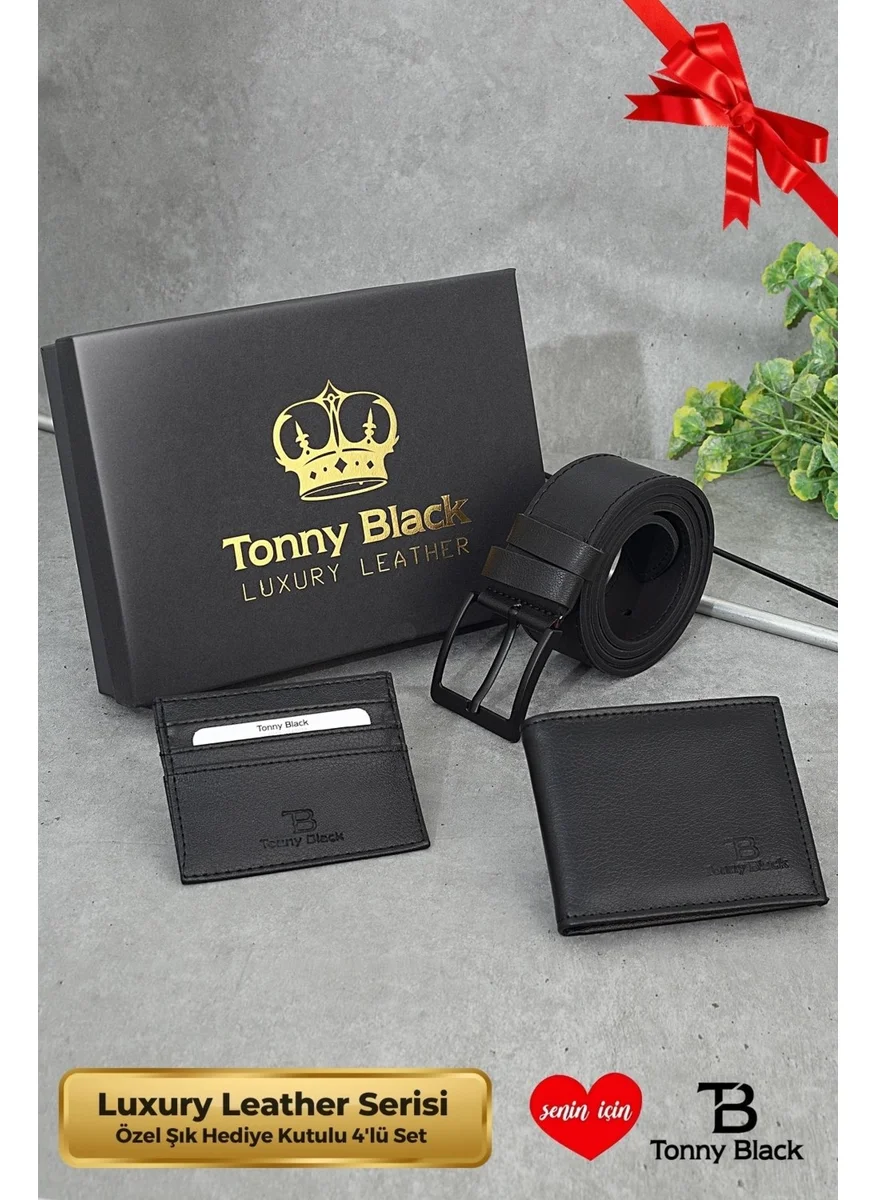 tonny black Original Men's Special Gift Boxed Set of 3 Luxury Series Gift Accessory Box Dowry Wedding Groom Set for Father Classic Stylish Leather Belt Wallet and Card Holder Set