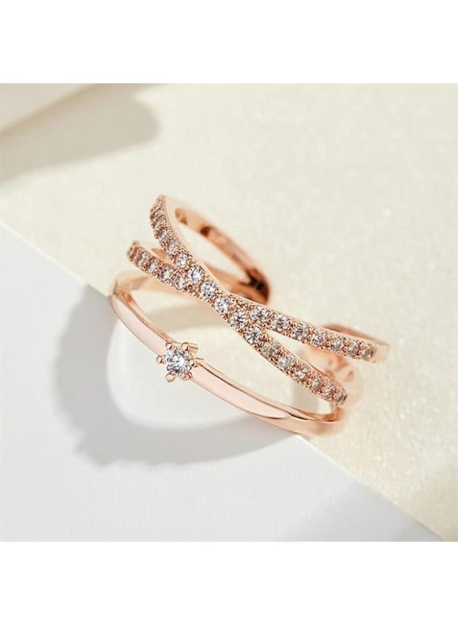 Cross Ring Fashion Jewelry 18k Rose Gold Shiny CZ Crystal Diamond Crossover Double Layer Open Adjustable Ring for Women - Image 1
