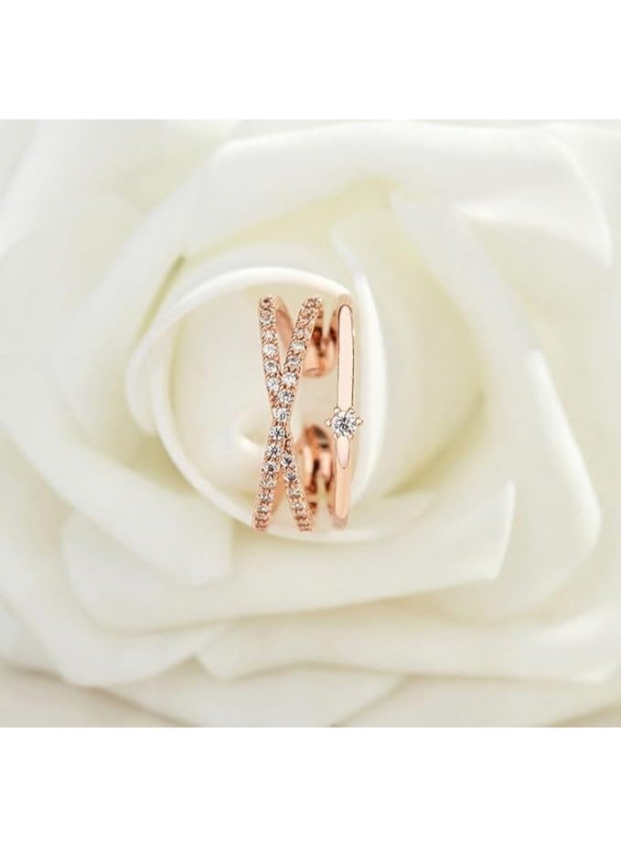 Cross Ring Fashion Jewelry 18k Rose Gold Shiny CZ Crystal Diamond Crossover Double Layer Open Adjustable Ring for Women - Image 2