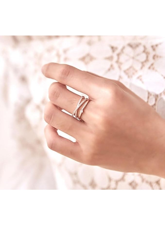 Cross Ring Fashion Jewelry 18k Rose Gold Shiny CZ Crystal Diamond Crossover Double Layer Open Adjustable Ring for Women - Image 4