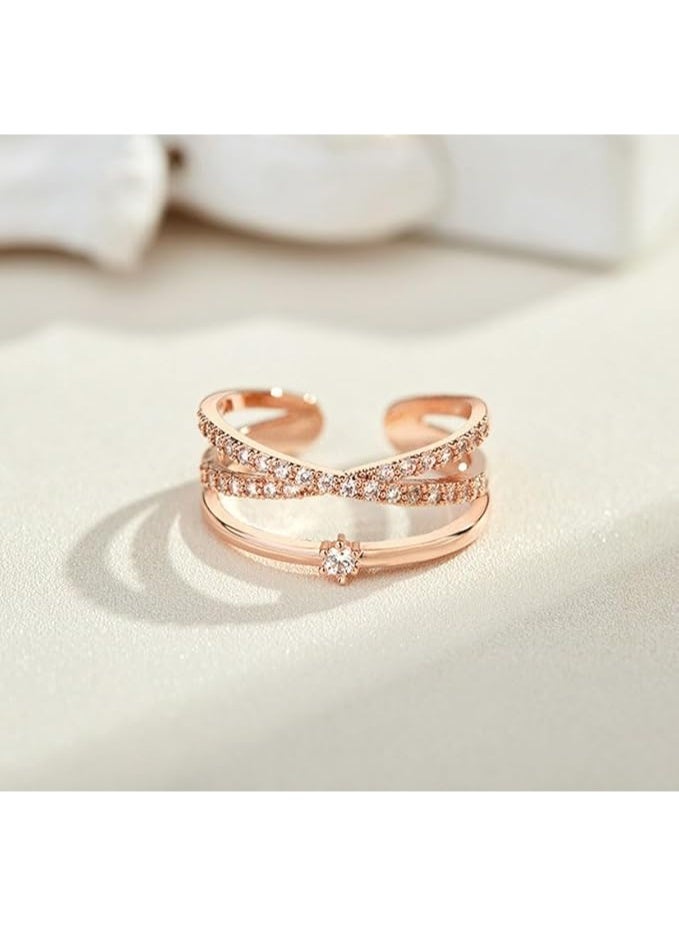 Cross Ring Fashion Jewelry 18k Rose Gold Shiny CZ Crystal Diamond Crossover Double Layer Open Adjustable Ring for Women - Image 5