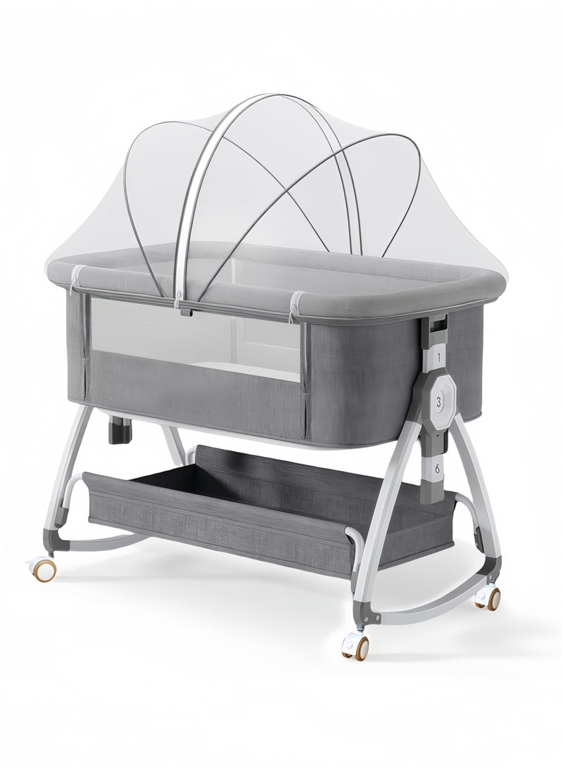 GGEROU 4 in 1 Baby Bassinet & Bedside Sleeper with Soft Mattress,Ultra-Breathable & Washable,Removable Mosquito Net,6 Height Adjustable,Rocking Mode,Storage Basket,Wheels - Image 1