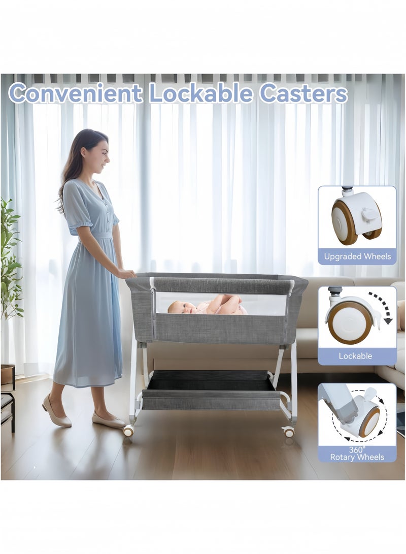 GGEROU 4 in 1 Baby Bassinet & Bedside Sleeper with Soft Mattress,Ultra-Breathable & Washable,Removable Mosquito Net,6 Height Adjustable,Rocking Mode,Storage Basket,Wheels - Image 4