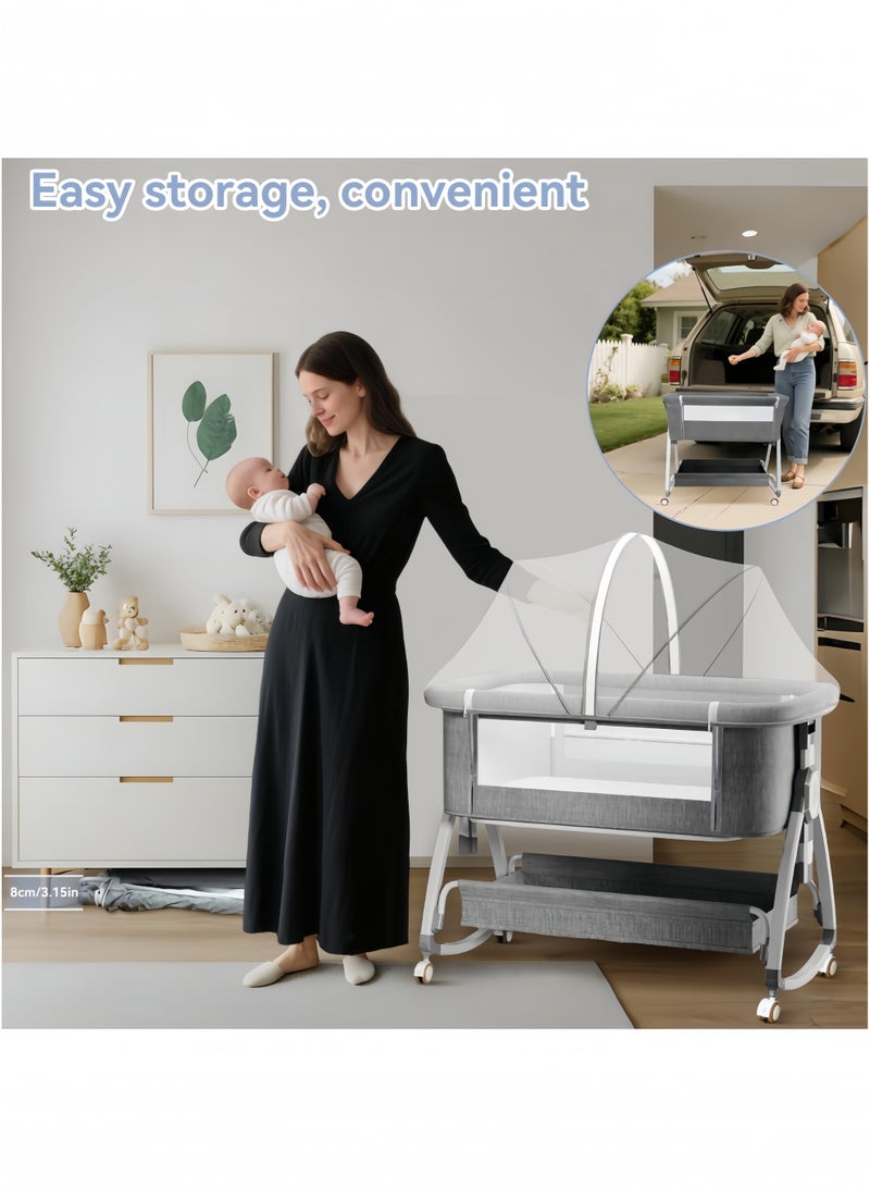 GGEROU 4 in 1 Baby Bassinet & Bedside Sleeper with Soft Mattress,Ultra-Breathable & Washable,Removable Mosquito Net,6 Height Adjustable,Rocking Mode,Storage Basket,Wheels - Image 5