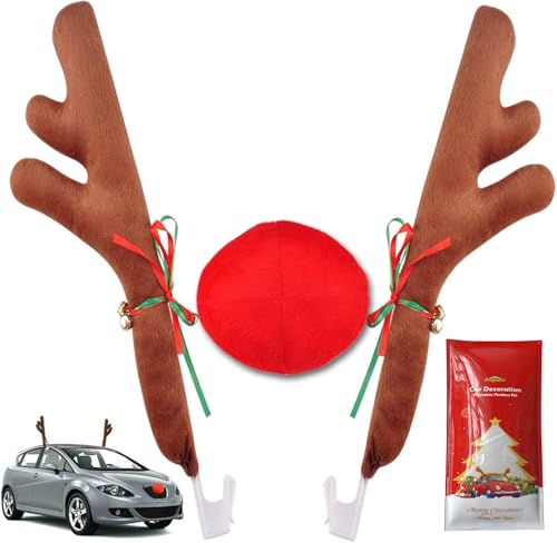 Angooni Christmas Reindeer Antlers Nose for Car Auto Decoration Cute Rudolph Reindeer Jingle Bell Added to Holiday SpiritLarge Size - Image 1