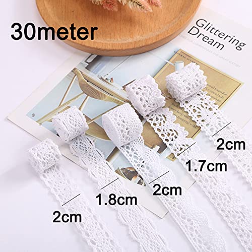 HERZWILD 32.8 Yards White Sewing Lace Ribbon Cotton Lace Trim White Vintage Decorative Trim Crochet Decorative Textile Fabric for Sewing Crafts Wedding Decoration(30m/W) - Image 2