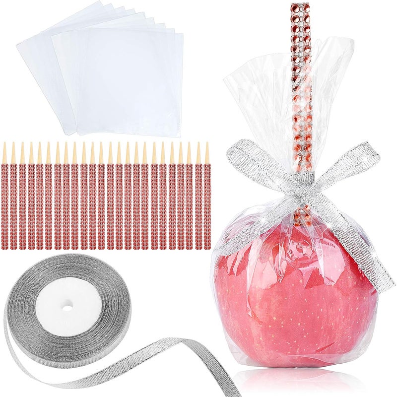 MGWOTH 24 Pack Bling Candy Apple Sticks and Bags Kits, Caramel Apple Wooden Skewers,Food Bamboo Decorative Sticks for Rice Krispie Treats Cookie Cake Pops Corn Dogs with Glass Wrapper Glitter Ribbons Tie - Image 1