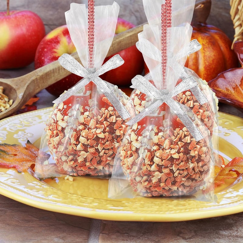 MGWOTH 24 Pack Bling Candy Apple Sticks and Bags Kits, Caramel Apple Wooden Skewers,Food Bamboo Decorative Sticks for Rice Krispie Treats Cookie Cake Pops Corn Dogs with Glass Wrapper Glitter Ribbons Tie - Image 2