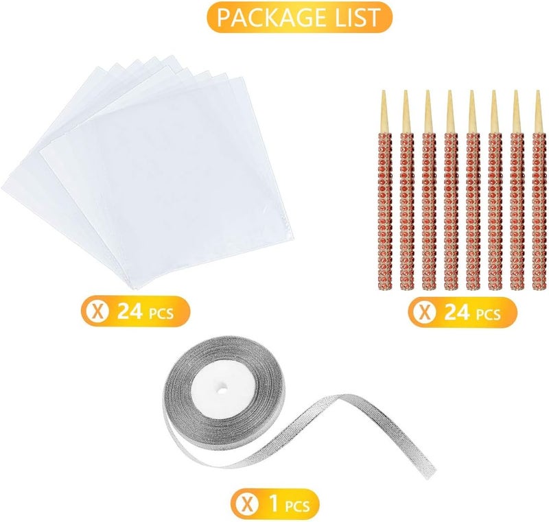 MGWOTH 24 Pack Bling Candy Apple Sticks and Bags Kits, Caramel Apple Wooden Skewers,Food Bamboo Decorative Sticks for Rice Krispie Treats Cookie Cake Pops Corn Dogs with Glass Wrapper Glitter Ribbons Tie - Image 4