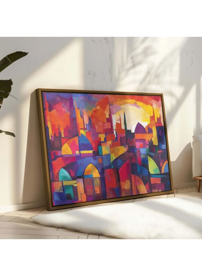 Home Gallery Abstract painting city with blue sky red sun Print Framed Wall Art 120x80 - Image 1
