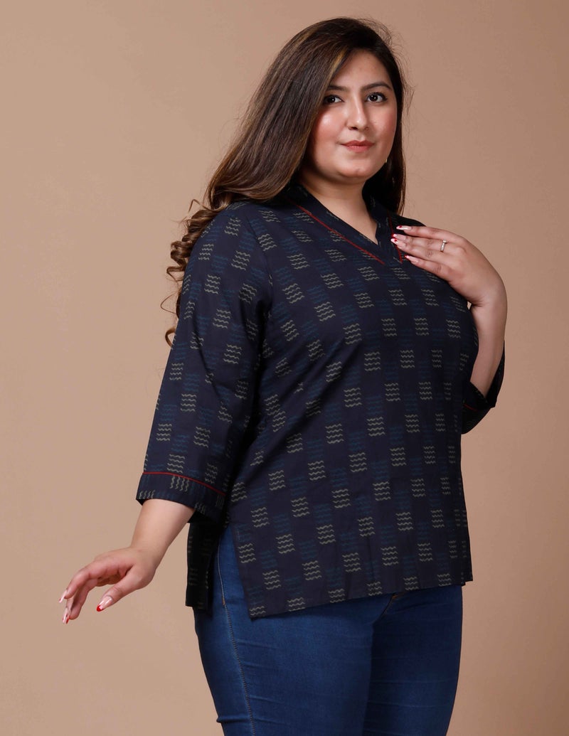 Miravan Womens Plus Size Navy Blue Printed Cotton Top - Image 2