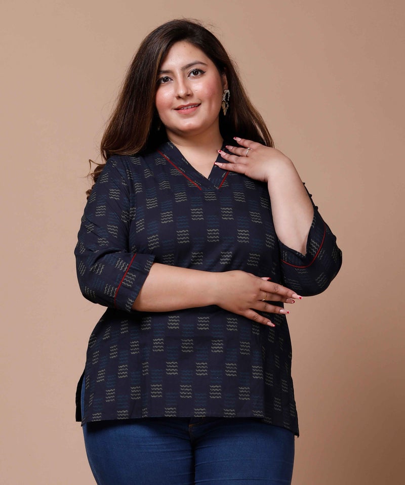 Miravan Womens Plus Size Navy Blue Printed Cotton Top - Image 1