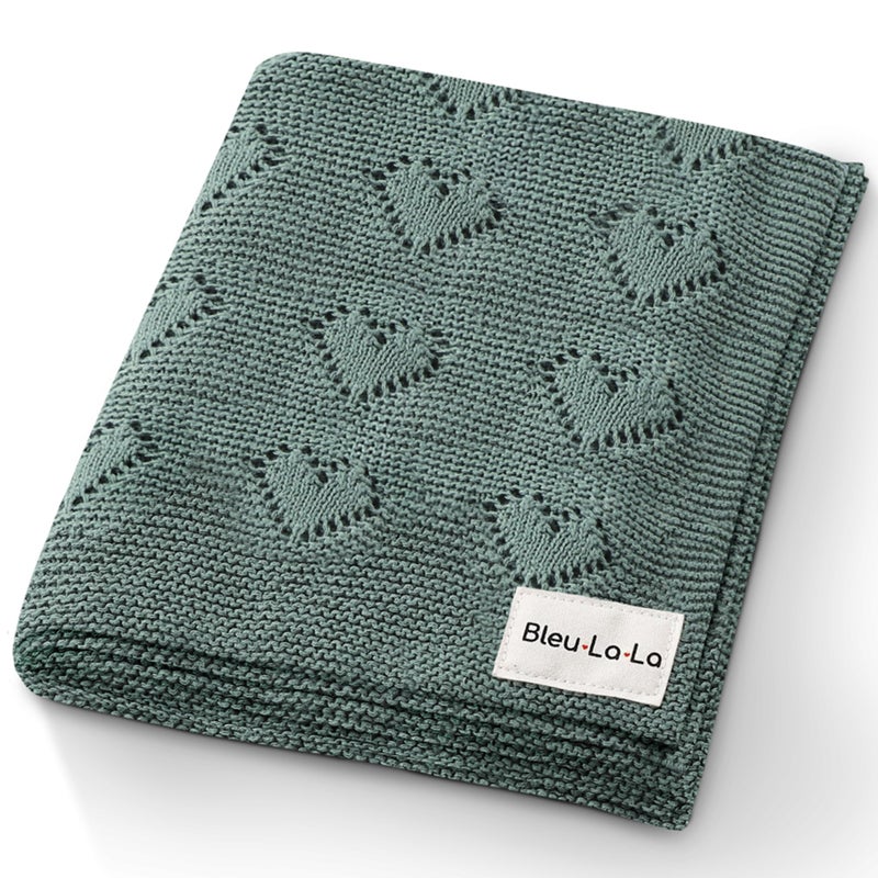 Bleu La La Gender Neutral Swaddling Blanket 100 Soft Cotton Heart Knit Swaddle Baby Blanket for Girls  Boys  Soft Warm Receiving Crib Blanket for Newborns Infants Toddlers Hunter Green 02 Years