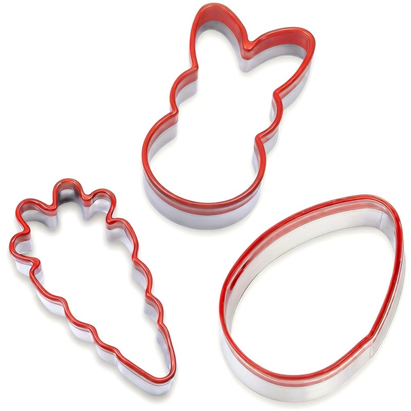 COOKIEQUE 3-Piece Easter Fun Cookie Cutters, Easter Bunny, Egg and Carrot,Heavy Duty Food-Grade Stainless Steel,Unique Design with Protective Red Top PVC - Image 1
