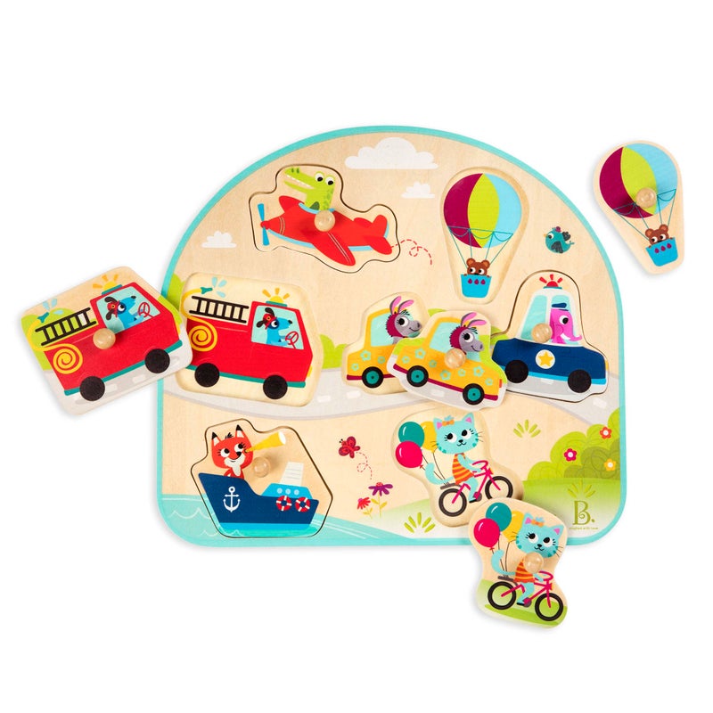 B. Toys ب. ألعاب - لغز دبابيس خشبية للمركبات - سيارات، شاحنات والمزيد - لغز للأطفال الصغار - 7 قطع سميكة - لعبة تعليمية مبكرة - 18+ شهر - مغامرة أثناء التنقل - Image 1
