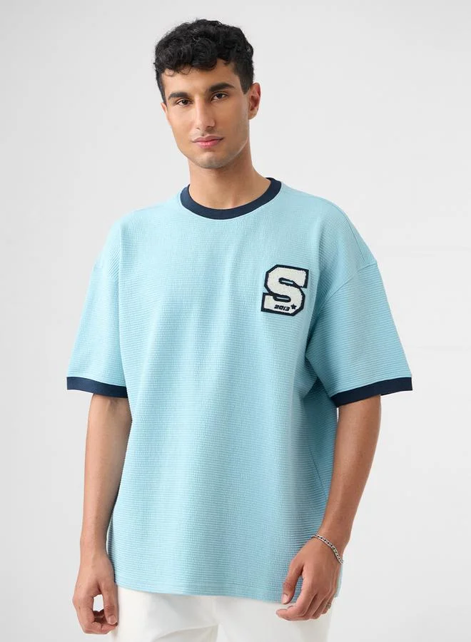The Souled Store Men Blue Textured Oversized T-Shirt