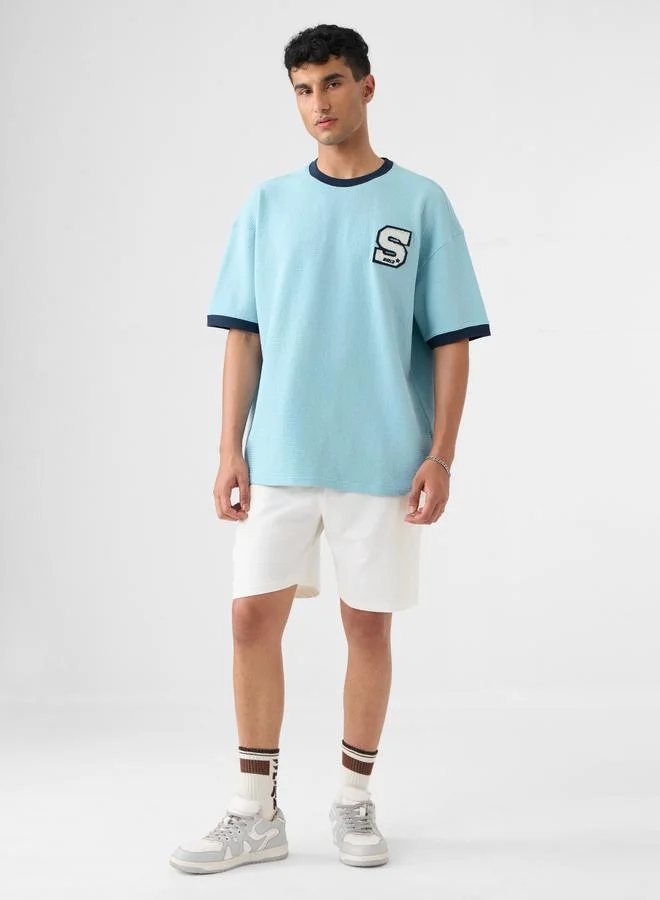 The Souled Store Men Blue Textured Oversized T-Shirt