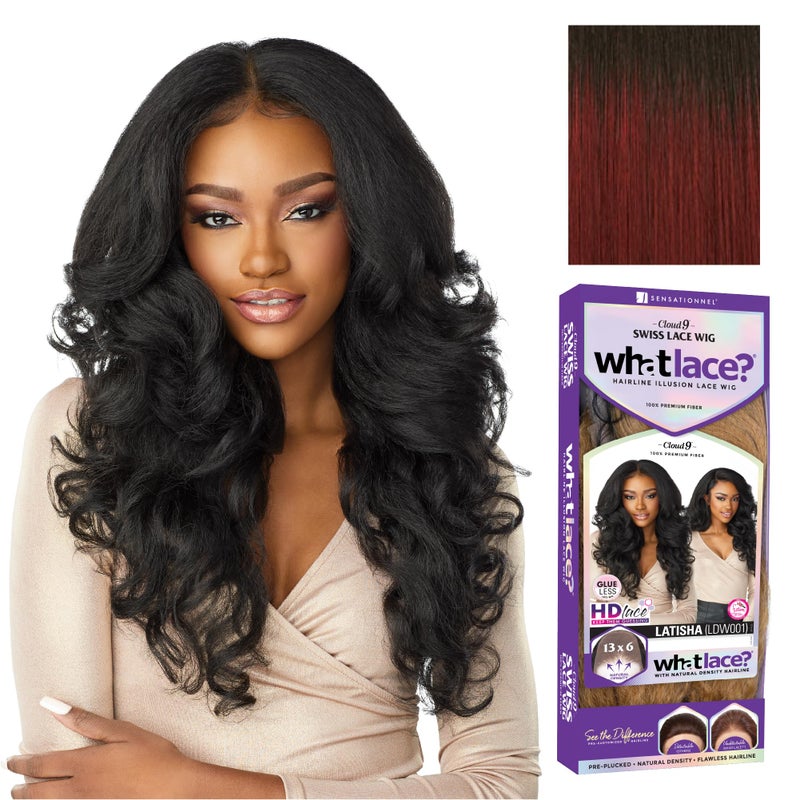 Sensationnel What Lace 13X6 Wigs - Latisha Lacefrontal Hand Tied Glueless Synthetic With Natural Density Preplucked Hairline (Tipped Off Black and Burgundy T1B/BG) - Image 1