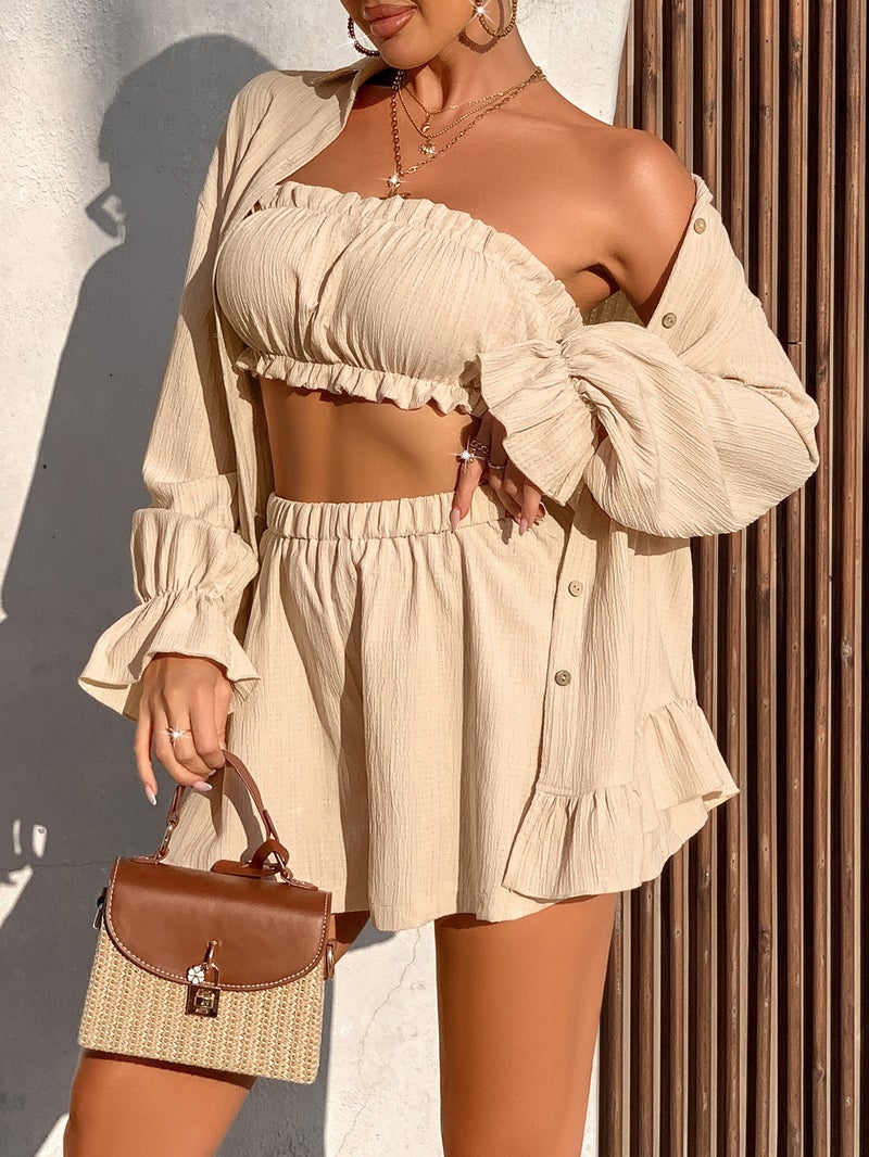 Women's 3pcs Summer Set, Solid Color Ruffle Trim Camisole Top + High-Waist Shorts + Long-Sleeve Button-Up Shirt, Casual Vacation Beachwear - Image 4
