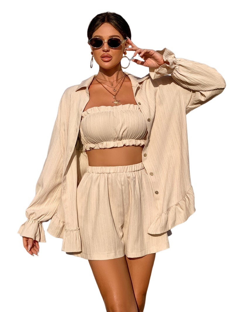 Women's 3pcs Summer Set, Solid Color Ruffle Trim Camisole Top + High-Waist Shorts + Long-Sleeve Button-Up Shirt, Casual Vacation Beachwear - Image 1