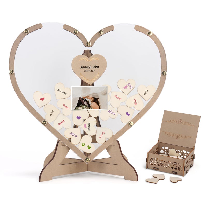 SELEAD Wedding Guest Book Alternative - Rustic Heart Drop Top Picture Frame Acrylic Sign with 80psc Wooden Hearts, Exquisite Box - Wedding Reception for Party Anniversary Birthday - Image 1