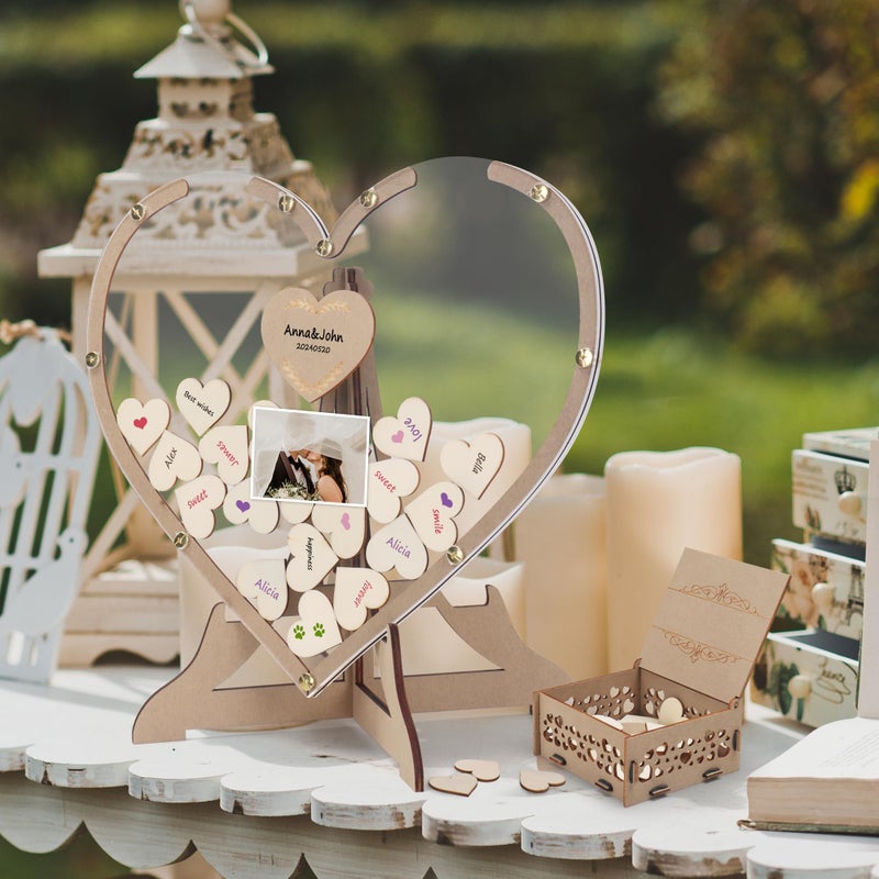SELEAD Wedding Guest Book Alternative - Rustic Heart Drop Top Picture Frame Acrylic Sign with 80psc Wooden Hearts, Exquisite Box - Wedding Reception for Party Anniversary Birthday - Image 3