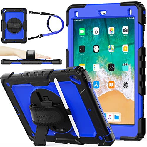SEYMAC stock Case for iPad 6th / 5th Generation Case/Air 2 / Pro 9.7 inch, Heavy Duty Protective with Screen Protector, with Pencil Holder, Hand Strap, Shoulder Strap, 360 Rotate Stand, Blue+Black - Image 1
