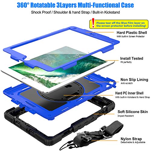 SEYMAC stock Case for iPad 6th / 5th Generation Case/Air 2 / Pro 9.7 inch, Heavy Duty Protective with Screen Protector, with Pencil Holder, Hand Strap, Shoulder Strap, 360 Rotate Stand, Blue+Black - Image 5