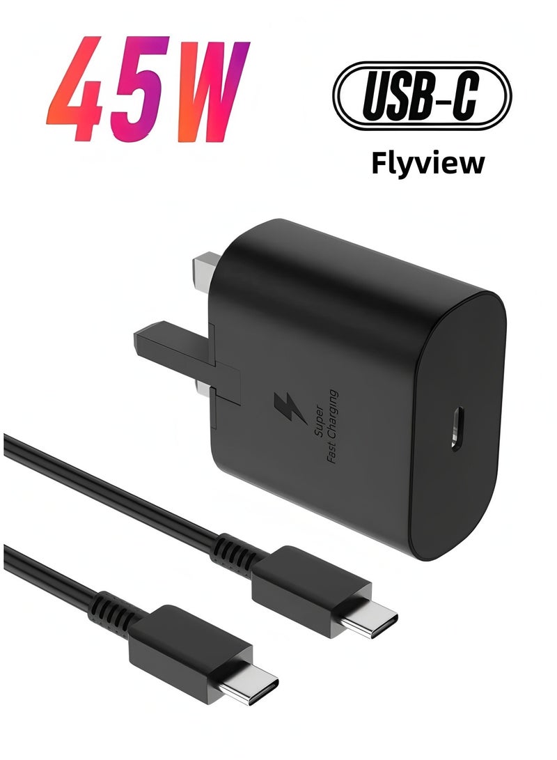 فليفيو شاحن من النوع C، كتلة شحن فائقة السرعة من النوع C بقوة 45 وات مع كابل شاحن USB C بطول 1 متر متوافق مع Samsung Galaxy S24 Ultra/S24/S24+/S23 Ultra/S23/S23+/S22 Ultra/S22+/S22/IPhone 16/16 Plus/16 Pro Max/15/15 Pro Max/15 Plus والمزيد - Image 1