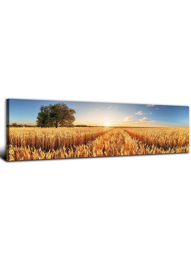 AREBOLO Farmhouse Field Scenery Canvas Wall Art Sunset Countryside Gold Yellow Harvest Wheat Field Photography Decoration 14x48" Rustic Blue Sky Landscape Prints Picture Artwork for Living Room Kitchen Decor - Image 1