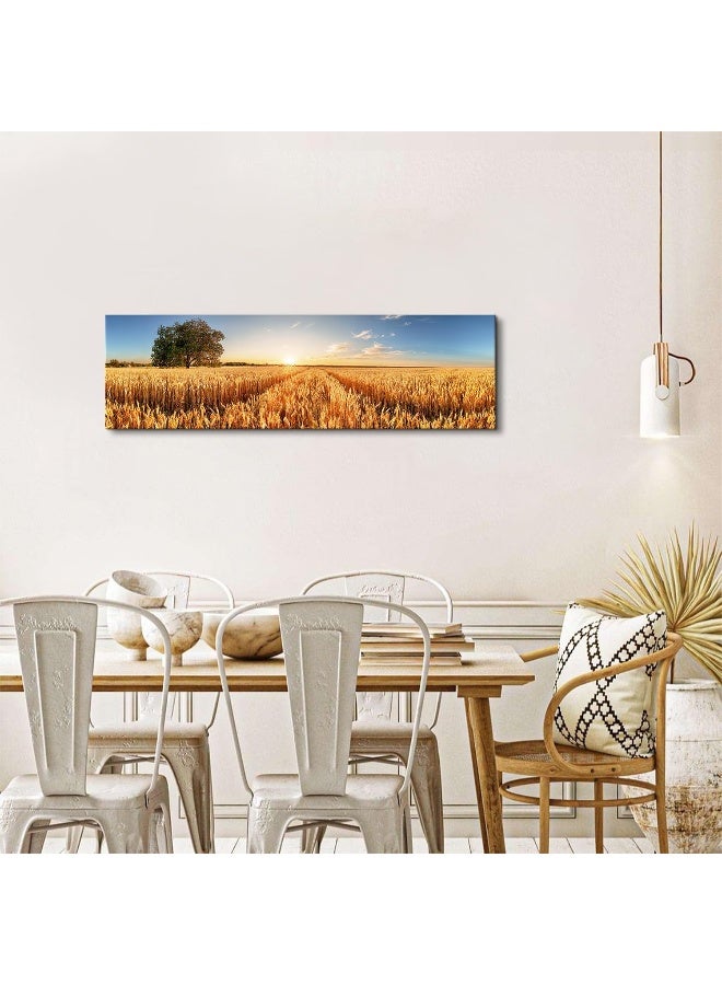 AREBOLO Farmhouse Field Scenery Canvas Wall Art Sunset Countryside Gold Yellow Harvest Wheat Field Photography Decoration 14x48" Rustic Blue Sky Landscape Prints Picture Artwork for Living Room Kitchen Decor - Image 5