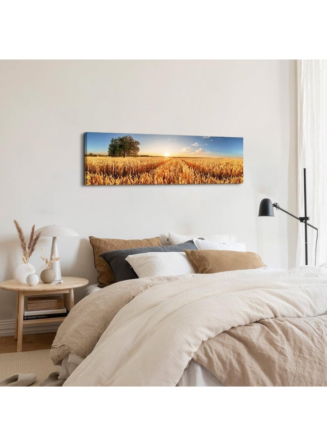 AREBOLO Farmhouse Field Scenery Canvas Wall Art Sunset Countryside Gold Yellow Harvest Wheat Field Photography Decoration 14x48" Rustic Blue Sky Landscape Prints Picture Artwork for Living Room Kitchen Decor - Image 4