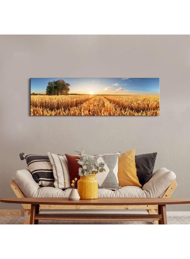 AREBOLO Farmhouse Field Scenery Canvas Wall Art Sunset Countryside Gold Yellow Harvest Wheat Field Photography Decoration 14x48" Rustic Blue Sky Landscape Prints Picture Artwork for Living Room Kitchen Decor - Image 3