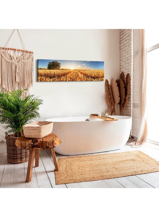 AREBOLO Farmhouse Field Scenery Canvas Wall Art Sunset Countryside Gold Yellow Harvest Wheat Field Photography Decoration 14x48" Rustic Blue Sky Landscape Prints Picture Artwork for Living Room Kitchen Decor - Image 2