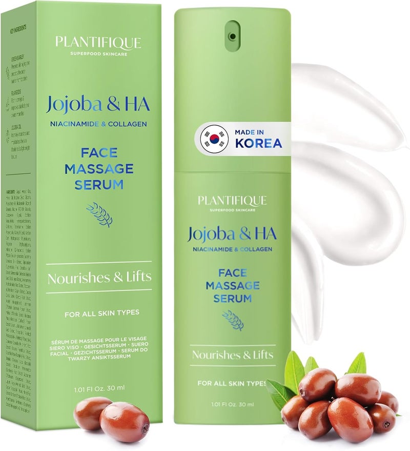 PLANTIFIQUE Korean Jojoba Oil Hyaluronic Acid Face Massage Serum Hydrating AntiAging Collagen Niacinamide Formula Perfect for Gua Sha Facial Massage Gift for Men Women - Image 1