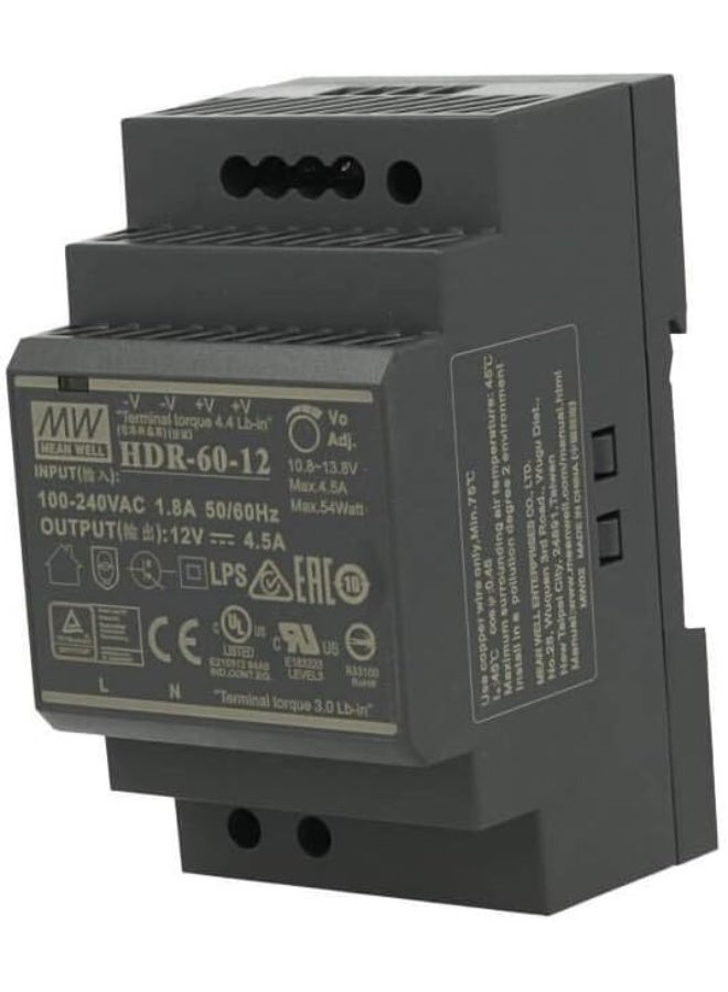 MEAN WELL HDR-60-12 DIN Rail Power Supply 60W 12V 4.5A Switching Power Supply AC to DC Converter 100-240VAC Input Compact Industrial Power Supply with Adjustable Output Voltage - Image 1