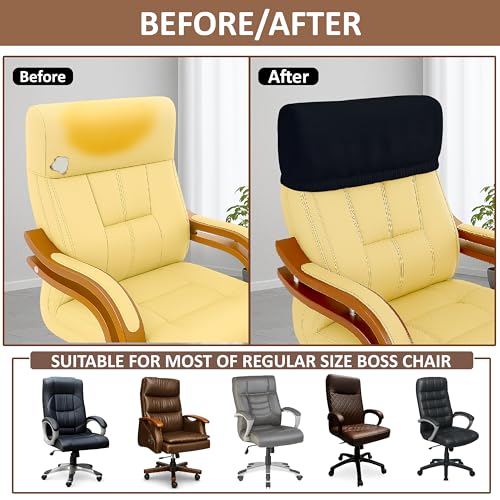 HOTKEI 200GSM Black Boss Office Chair Headrest Cover Stretchable Elastic Removable Washable Office Computer Executive Rotating Chair Headrest Slipcover Dust and Hair Oil Stain Scratch Proof Protector - Image 5