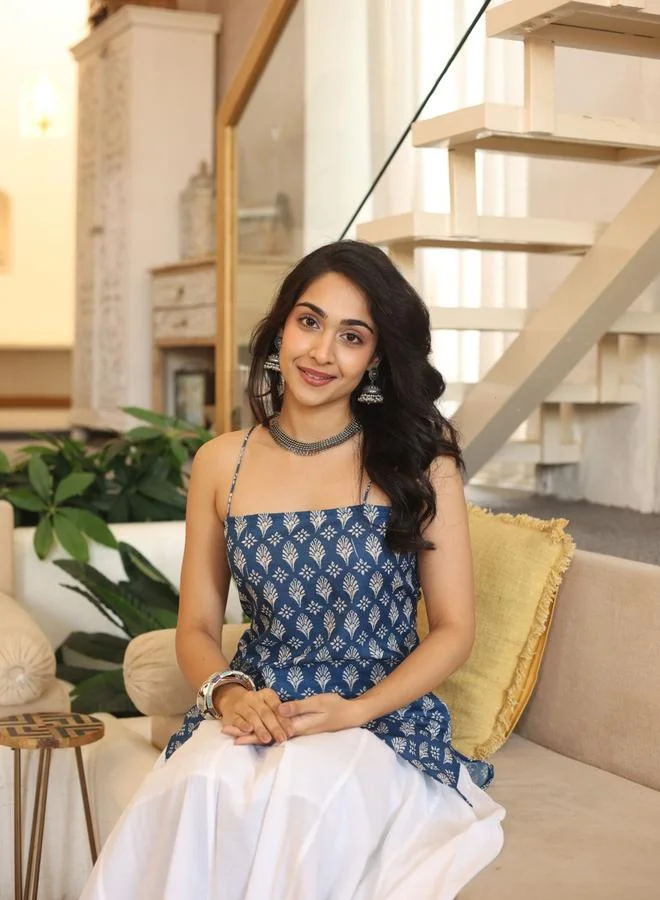 Sanskrutihomes  Blue Printed Strappy Square Neck Top for Women | Best Price UAE