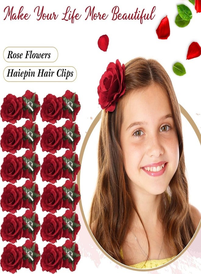 VORSET (3 Pcs) Handmade Artificial Red Rose Flower Bride Tiktok Hairpin Red Velvet Rose Hairpin for Girls and Women - Image 2