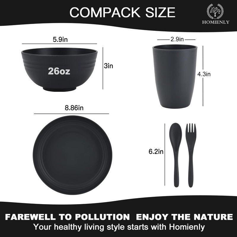 Homienly Wheat Straw Dinnerware Sets Homienly 20pcs Unbreakable Microwave Dishwasher Safe Tableware Lightweight Bowls Cups Plates Set Reusable Dinner Plates Bowls set Dark Grey - Image 2