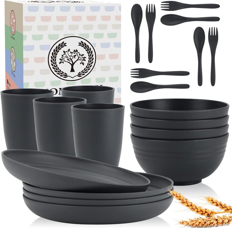 Homienly Wheat Straw Dinnerware Sets Homienly 20pcs Unbreakable Microwave Dishwasher Safe Tableware Lightweight Bowls Cups Plates Set Reusable Dinner Plates Bowls set Dark Grey - Image 1